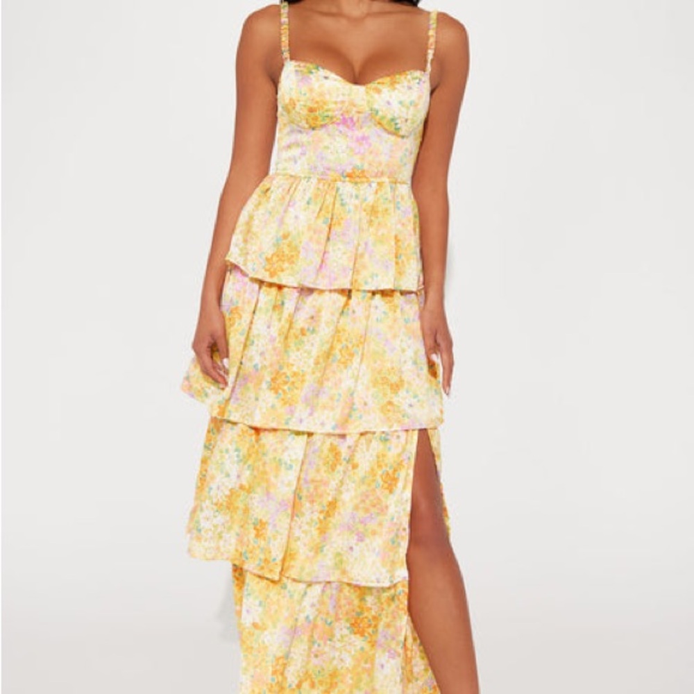 Fashion Nova Yellow Floral Tiered Maxi Dress